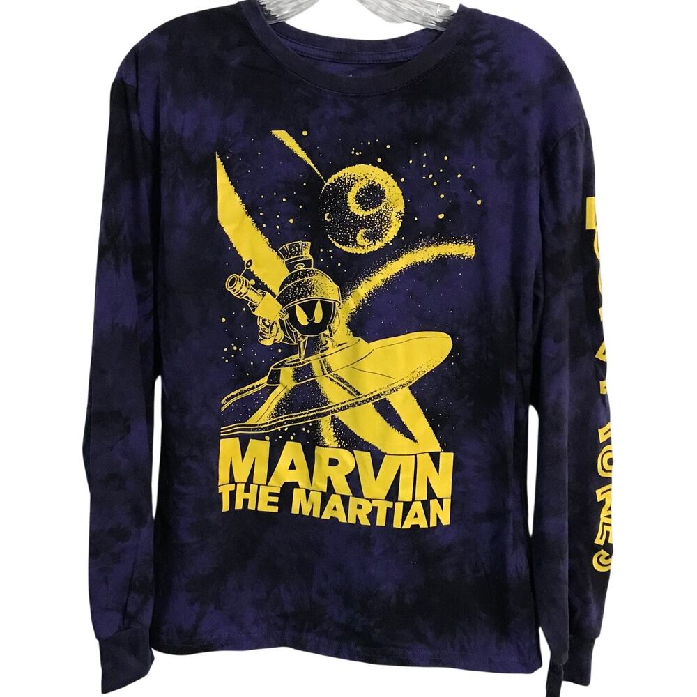 Looney Tunes Tee Shirt Medium Mens Marvin the Martian Long Sleeve Purple Yellow